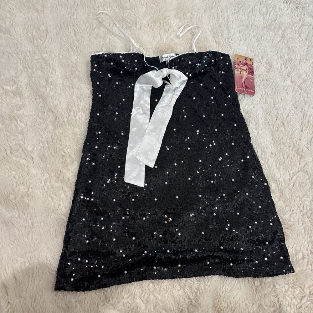 Emerald Sundae Black Sequin Dress with White Bow